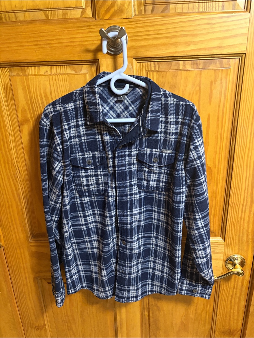 Eddie Bauer Navy and White Plaid Fleece Button-Up Shirt
